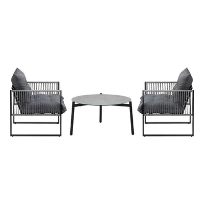 3PCS Outdoor Patio Set Grey 70cm Table Cushioned Armchairs
