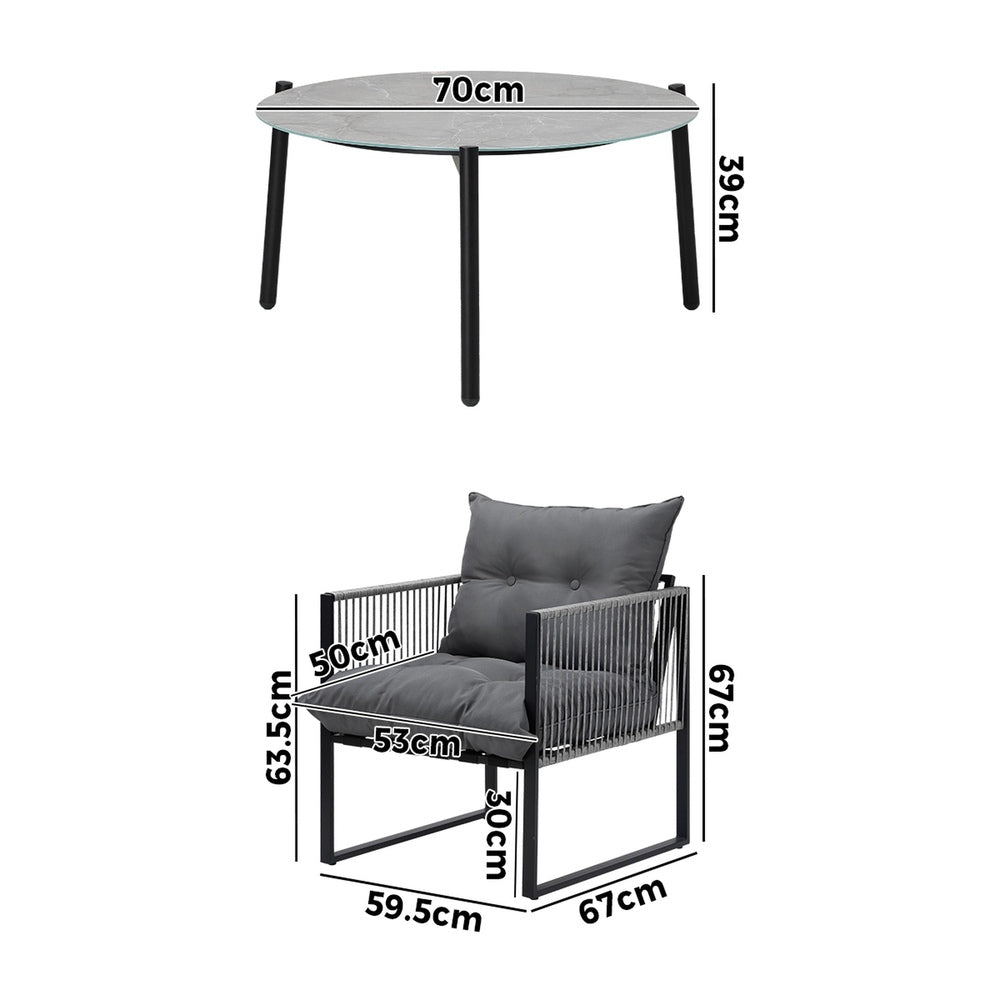 3PCS Outdoor Patio Set Grey 70cm Table Cushioned Armchairs
