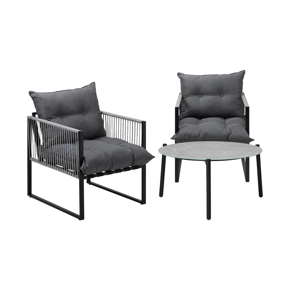 3PCS Outdoor Patio Set Grey 70cm Table Cushioned Armchairs