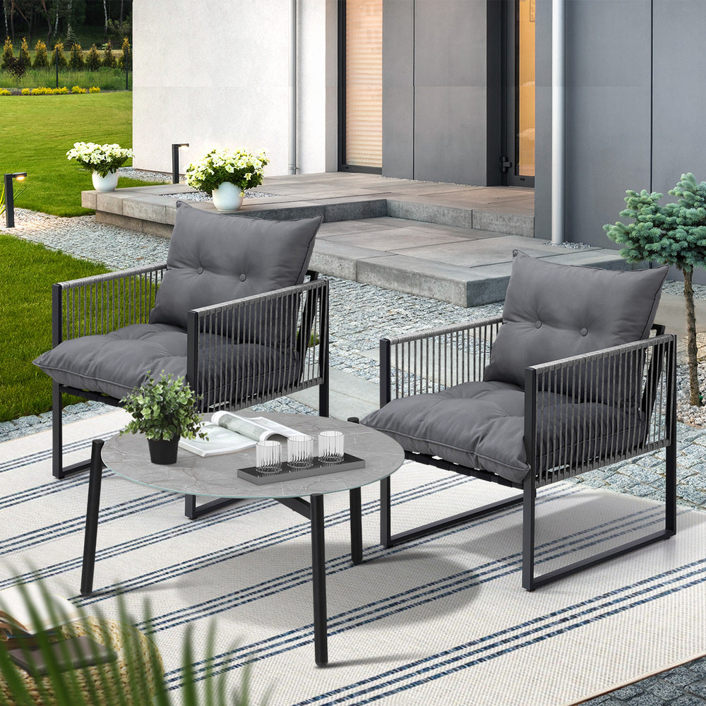3PCS Outdoor Patio Set Grey 70cm Table Cushioned Armchairs