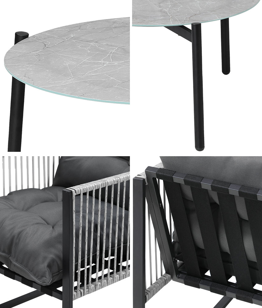 3PCS Outdoor Patio Set Grey 70cm Table Cushioned Armchairs