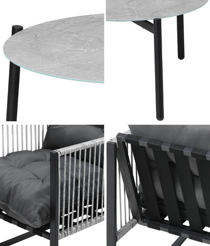 3PCS Outdoor Patio Set Grey 70cm Table Cushioned Armchairs