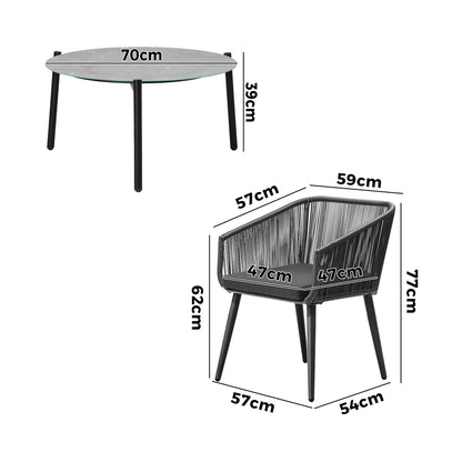 3 Piece Outdoor Patio Set 70cm Table Polyester rope