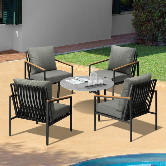 5PC Outdoor Patio Set Grey 70cm Coffee Table with Sofa & Rattan Chairs