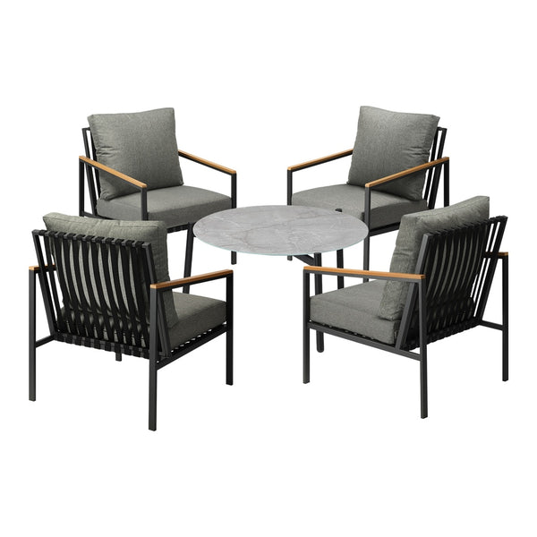 5PC Outdoor Patio Set Grey 70cm Coffee Table with Sofa & Rattan Chairs