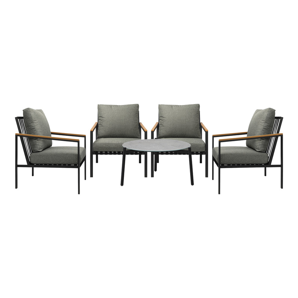 5PC Outdoor Patio Set Grey 70cm Coffee Table with Sofa & Rattan Chairs
