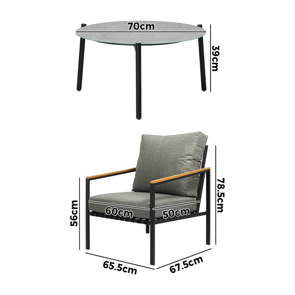 5PC Outdoor Patio Set Grey 70cm Coffee Table with Sofa & Rattan Chairs