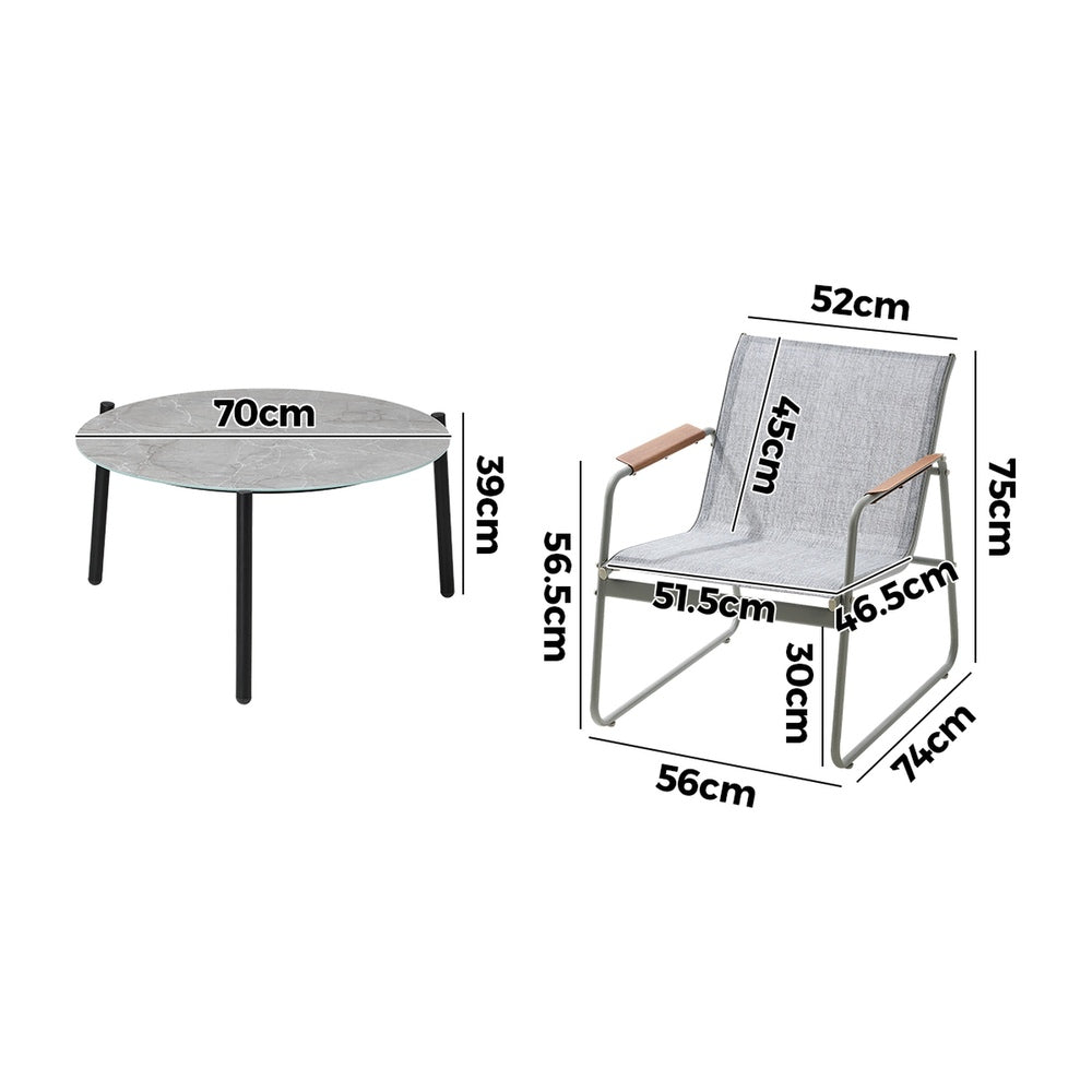 3PCS Outdoor Bistro Set Patio Chair 70cm Grey & WhiteTable Textilene