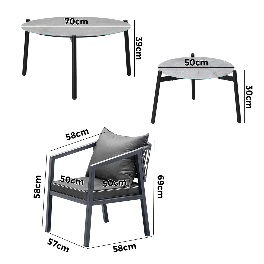 6PCS Outdoor Patio Set Grey 70cm Coffee Table Set Grey Chairs