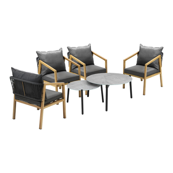  6PCS Outdoor Patio Set Grey 70cm Coffee Table Set Natural Chairs