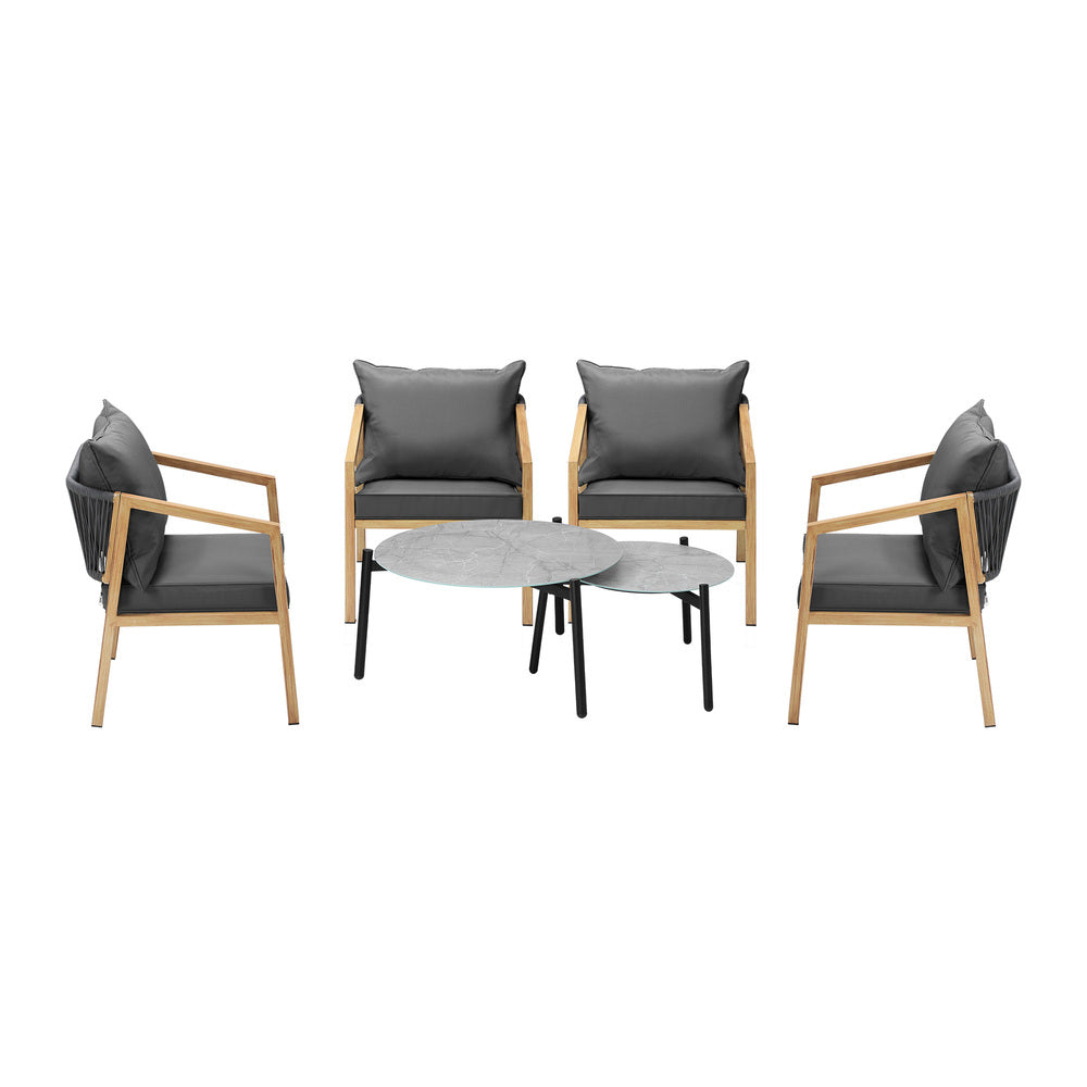 6PCS Outdoor Patio Set Grey 70cm Coffee Table Set Natural Chairs