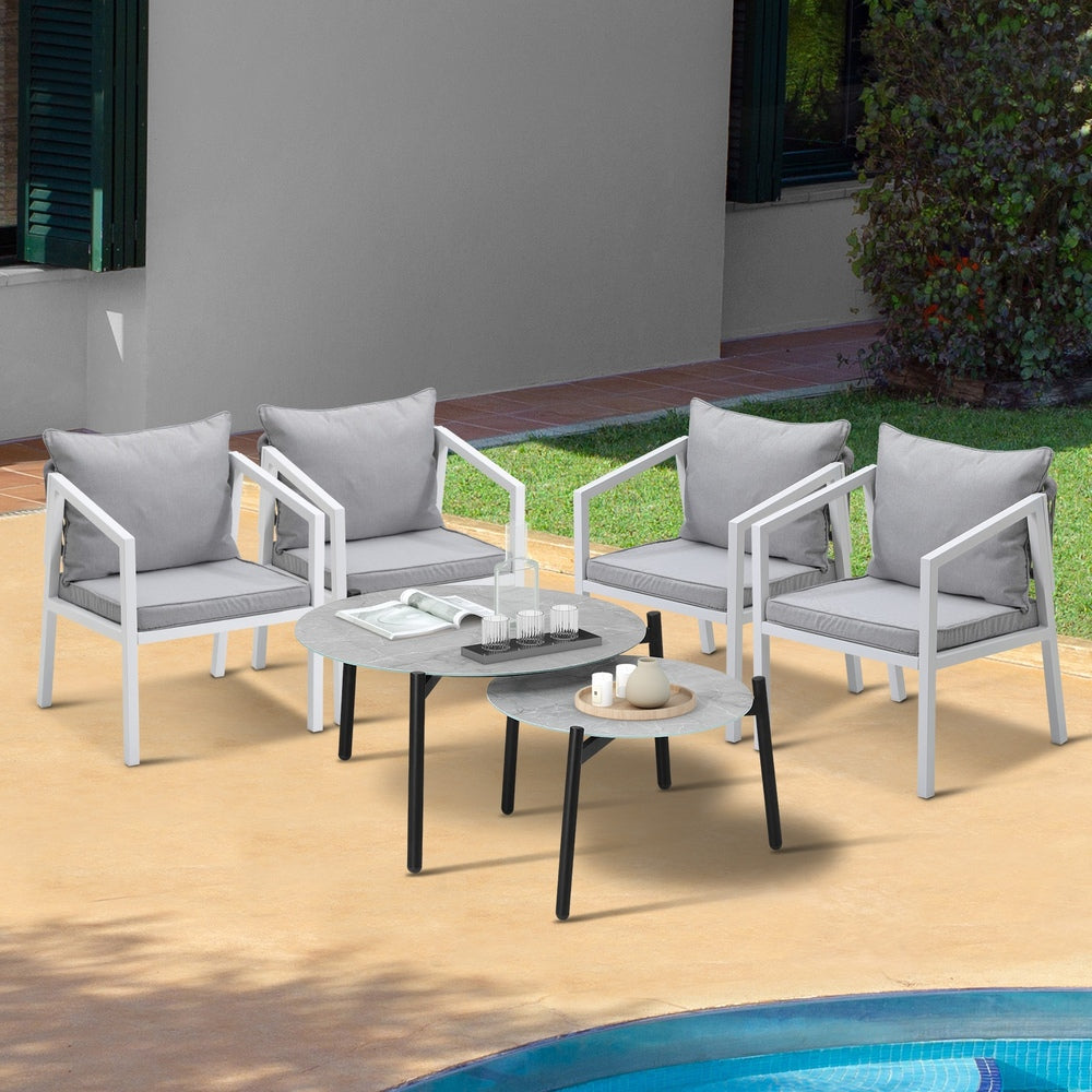 6PCS Outdoor Patio Set with White Chairs & 70cm Grey Coffee Table Garden