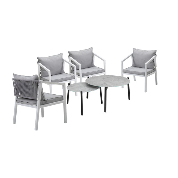  6PCS Outdoor Patio Set Grey 70cm Coffee Table Set White Chairs