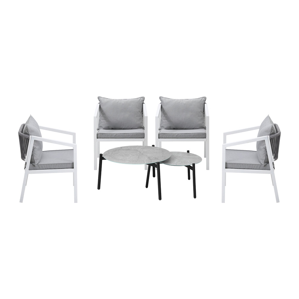 6PCS Outdoor Patio Set with White Chairs & 70cm Grey Coffee Table Garden
