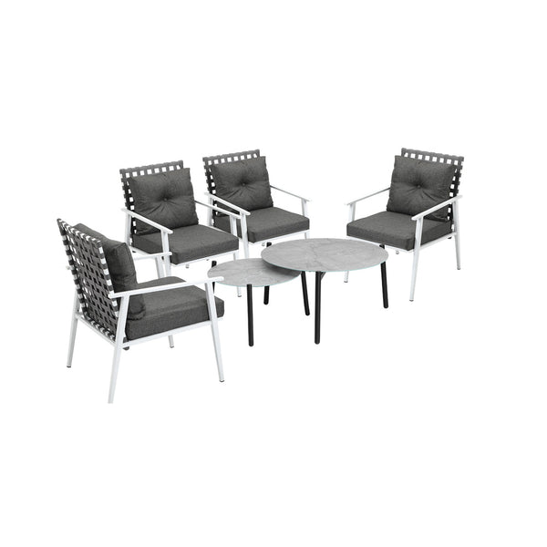  6pc Outdoor Patio Set Grey Round Table 4pc Rattan White Chairs