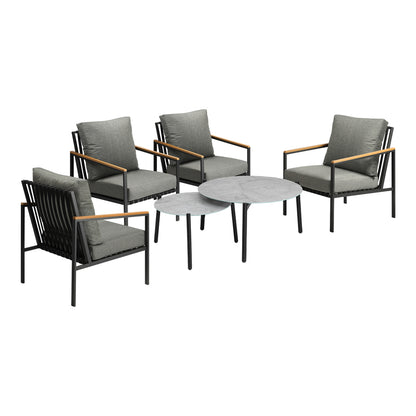 6PCS Outdoor Lounge Set Grey Coffee Table with Rattan Chairs Patio Garden