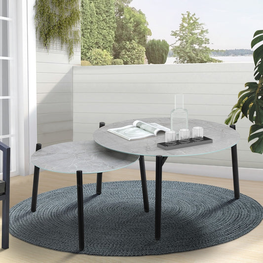 Outdoor Coffee Side Marble Table Set Grey 2PC