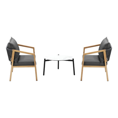 3PCS Outdoor Patio Set White 50cm Coffee Table Grey/Natural Chairs