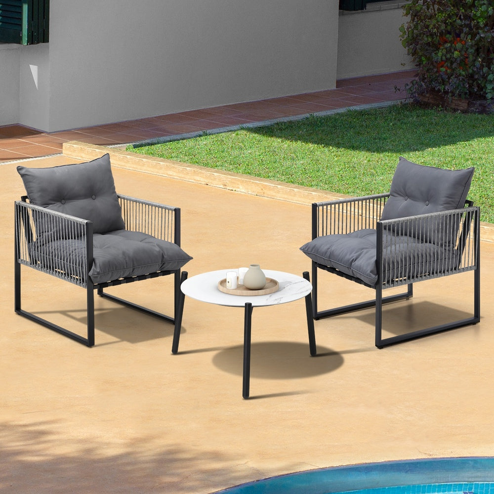 3PCS Outdoor Patio Set 50cm White Table Cushioned Armchairs
