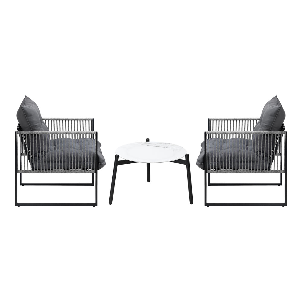 3PCS Outdoor Patio Set 50cm White Table Cushioned Armchairs