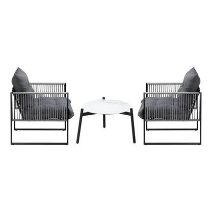 3PCS Outdoor Patio Set 50cm White Table Cushioned Armchairs