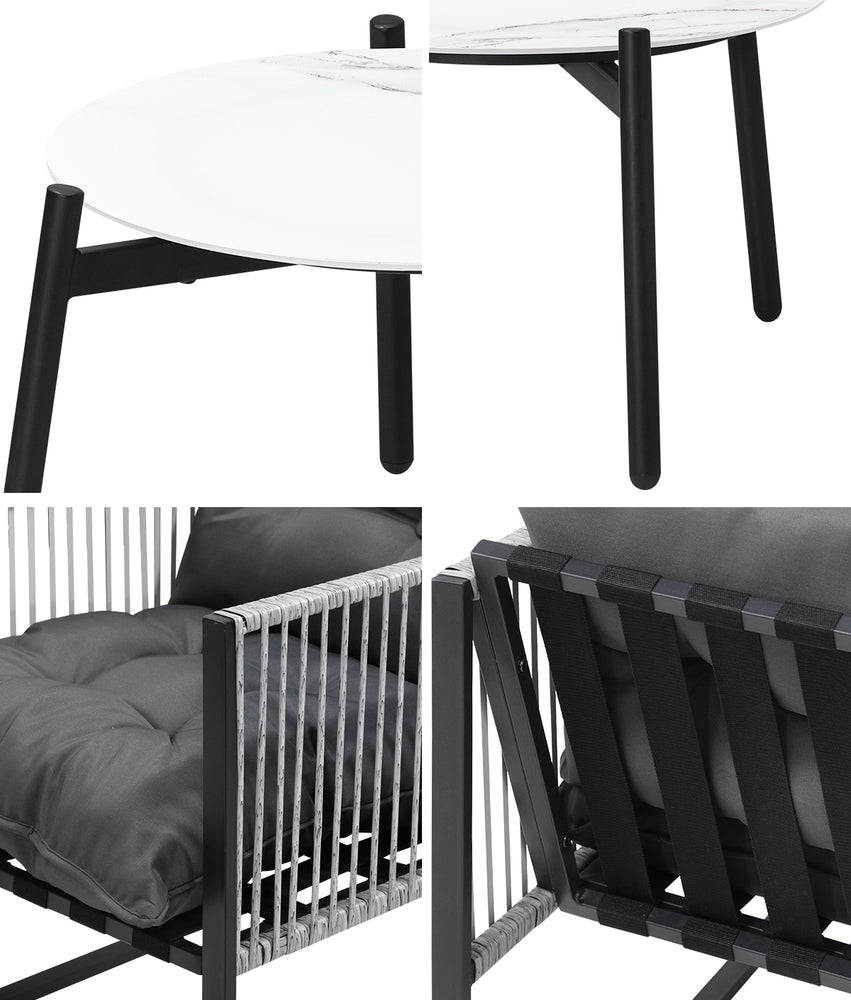 3PCS Outdoor Patio Set 50cm White Table Cushioned Armchairs