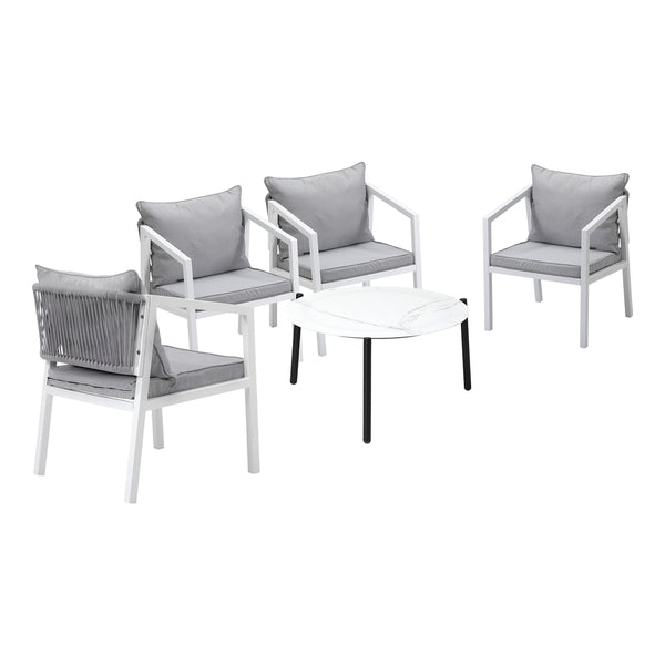  Outdoor Patio Set 4 Seater with White Chairs & 70cm Coffee Table for Garden