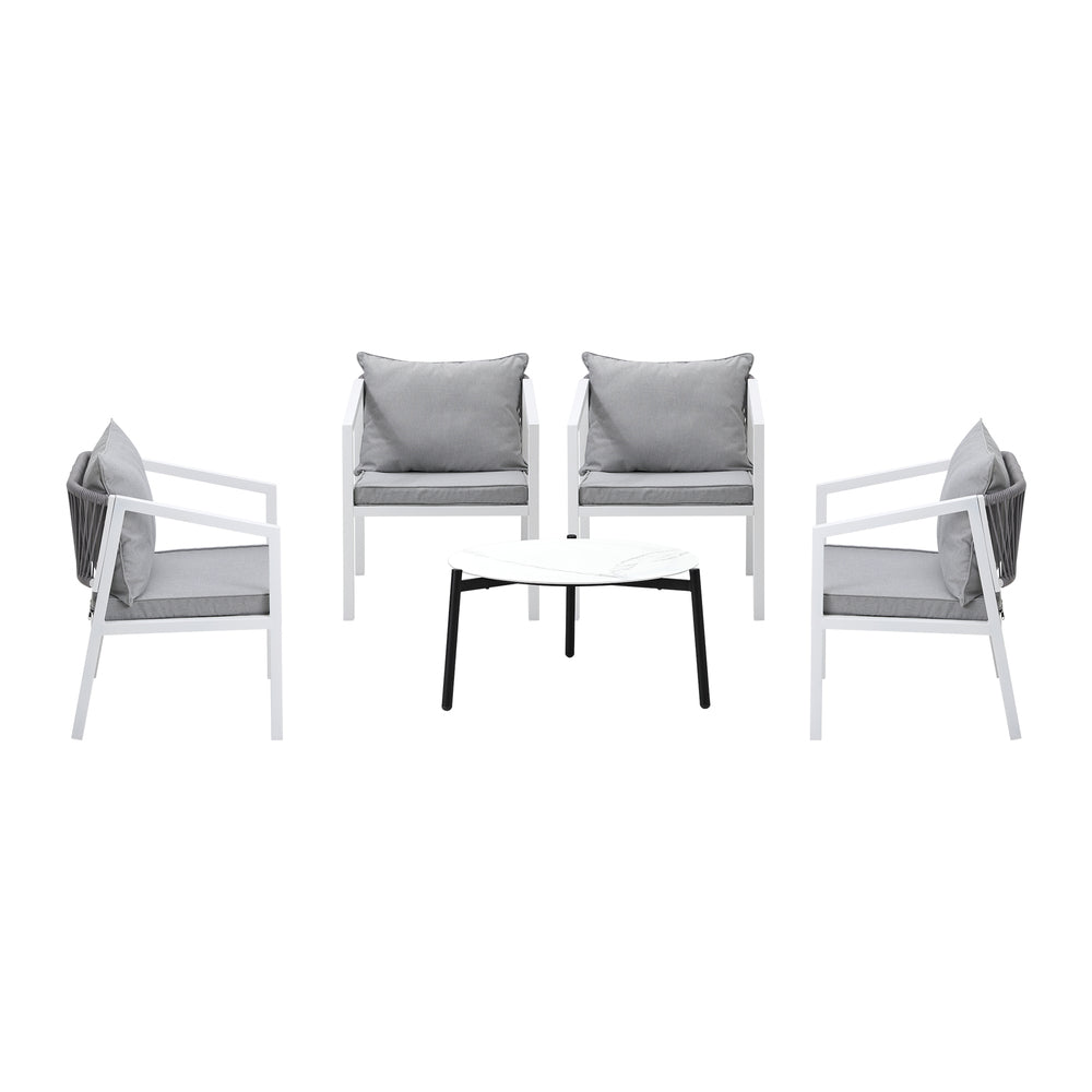 Outdoor Patio Set 4 Seater with White Chairs & 70cm Coffee Table for Garden