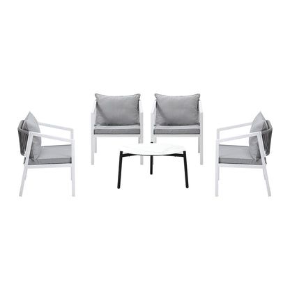 Outdoor Patio Set 4 Seater with White Chairs & 70cm Coffee Table for Garden