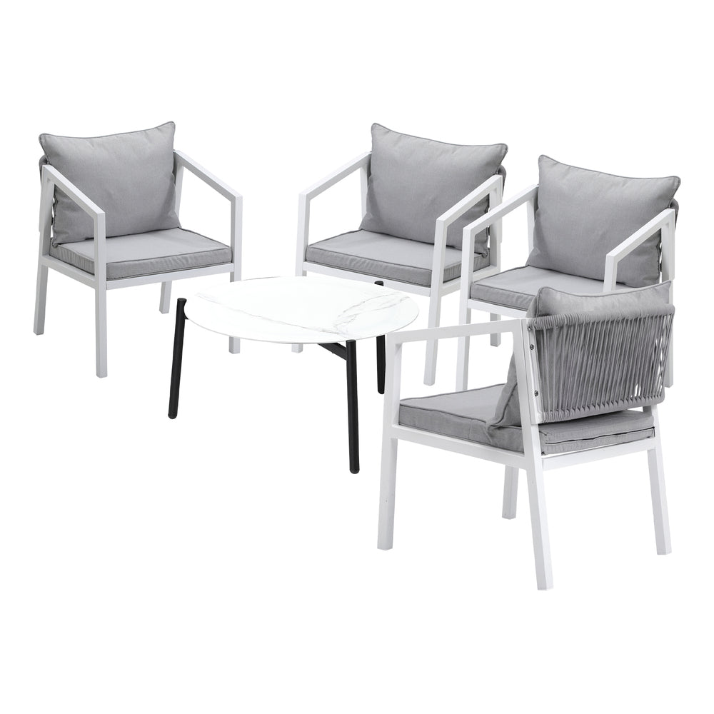 Outdoor Patio Set 4 Seater with White Chairs & 70cm Coffee Table for Garden