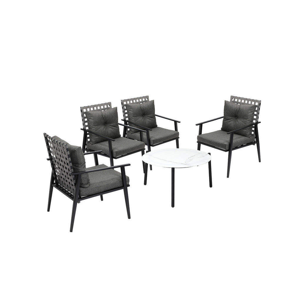 5PC Outdoor Patio Set 70CM White Marble Table with Rattan Chairs Garden