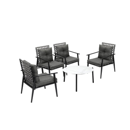 5PC Outdoor Patio Set 70CM White Marble Table with Rattan Chairs Garden