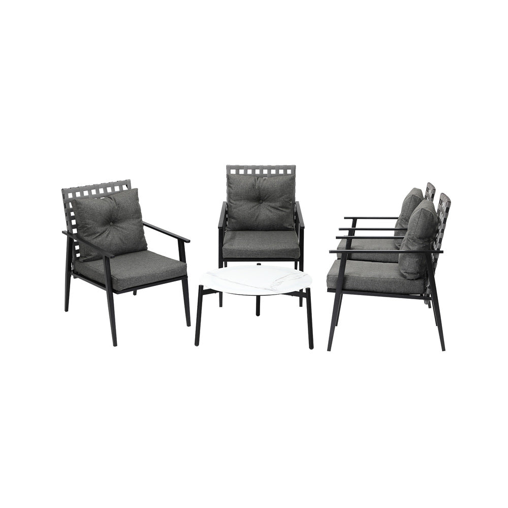 5PC Outdoor Patio Set 70CM White Marble Table with Rattan Chairs Garden