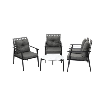 5PC Outdoor Patio Set 70CM White Marble Table with Rattan Chairs Garden
