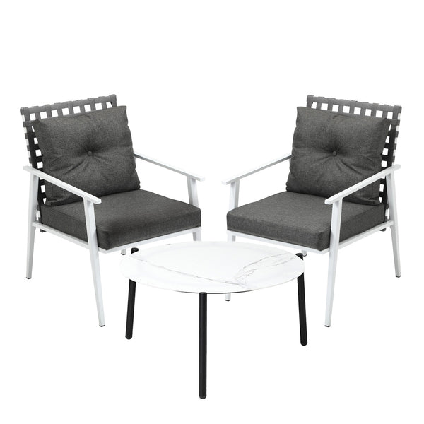  3pc Outdoor Lounge Sets 70CM Grey & White Round Table Rattan Chairs