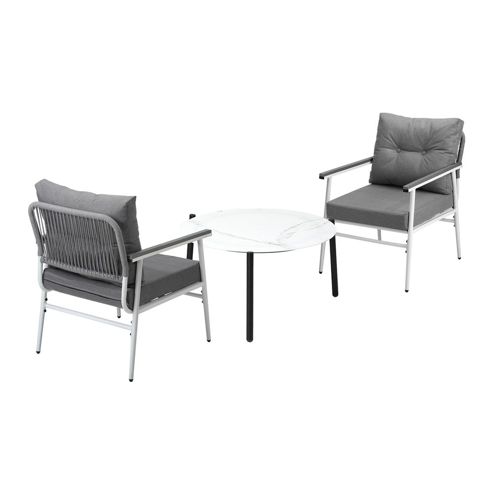 Outdoor Patio Set 70cm White Table with 2 Armchairs Garden Balcony Use