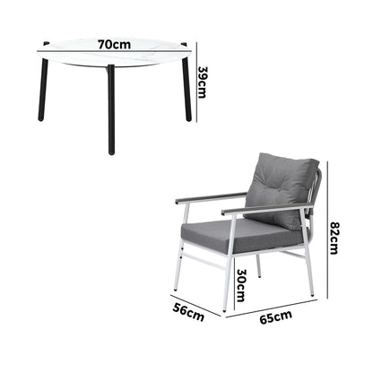 Outdoor Patio Set 70cm White Table with 2 Armchairs Garden Balcony Use