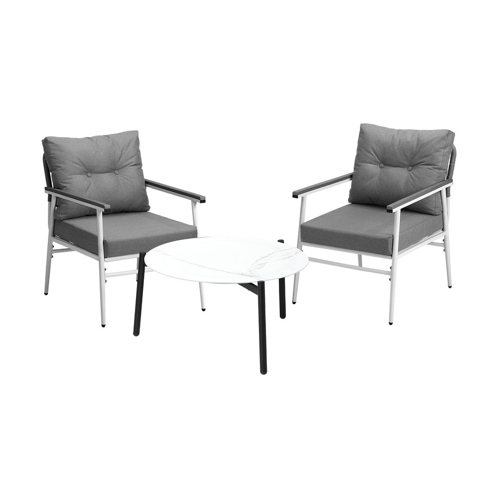 Outdoor Patio Set 70cm White Table with 2 Armchairs Garden Balcony Use