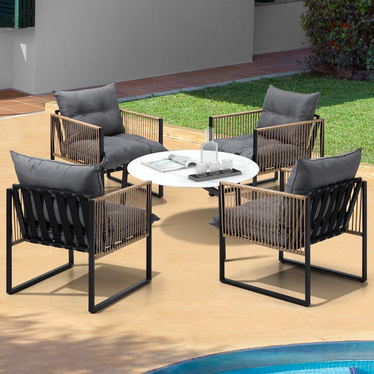 5PCS Outdoor Patio Set with White & Grey Rattan Chairs & 70cm Coffee Table Garden