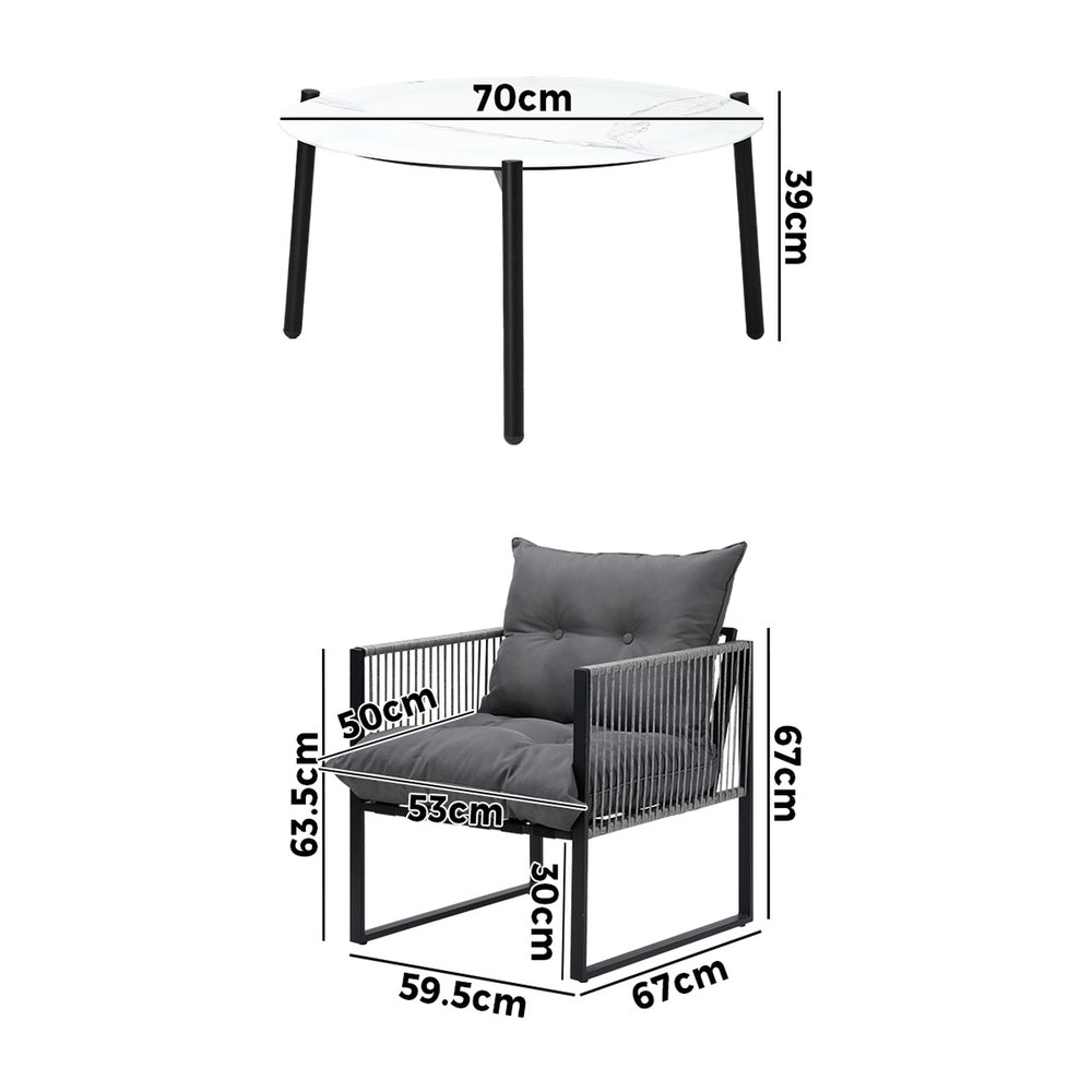 3PCS Outdoor Patio Set White 70cm Table Cushioned Armchairs