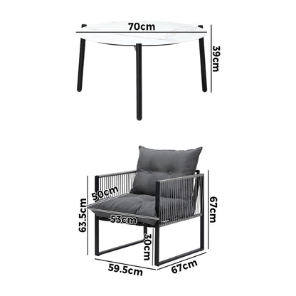 3PCS Outdoor Patio Set White 70cm Table Cushioned Armchairs