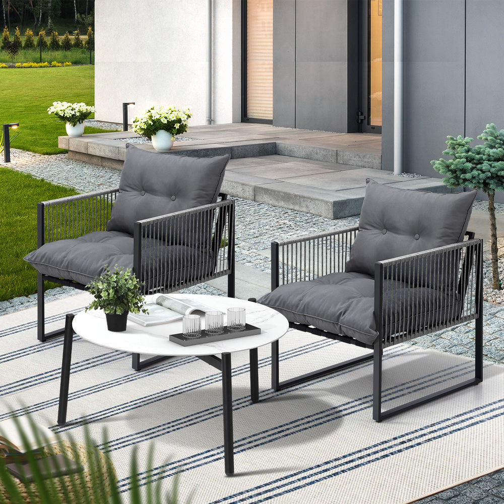 3PCS Outdoor Patio Set White 70cm Table Cushioned Armchairs