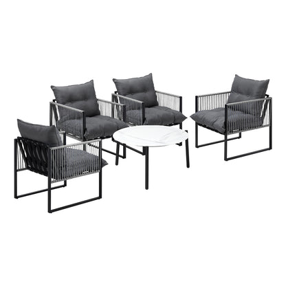 5PCS Outdoor Patio Set Grey & White 70cm Table Cushioned Armchairs