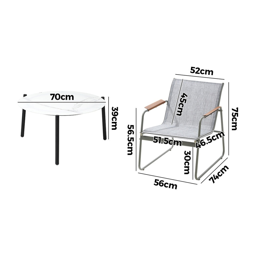 3PCS Outdoor Bistro Set Patio Chair 50cm Coffee Table Textilene Grey & White
