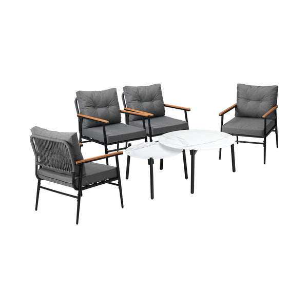  6 Piece Outdoor Patio Set White/Black Table Set Black Armchairs