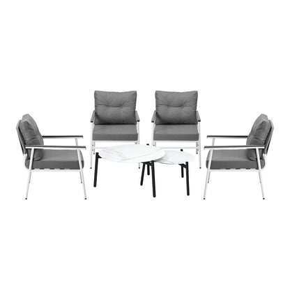 6 Piece Outdoor Patio Set White/Black Table Set Black Armchairs