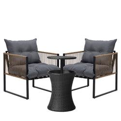 Outdoor Patio Set Ice Bucket Black & Brown Table Rattan Bistro Set 3pcs
