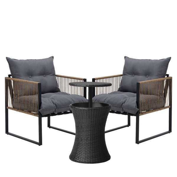  Outdoor Patio Set Ice Bucket Black & Brown Table Rattan Bistro Set 3pcs