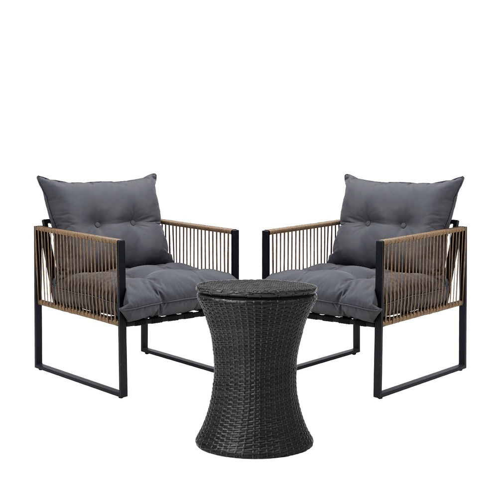 Outdoor Patio Set Ice Bucket Black & Brown Table Rattan Bistro Set 3pcs