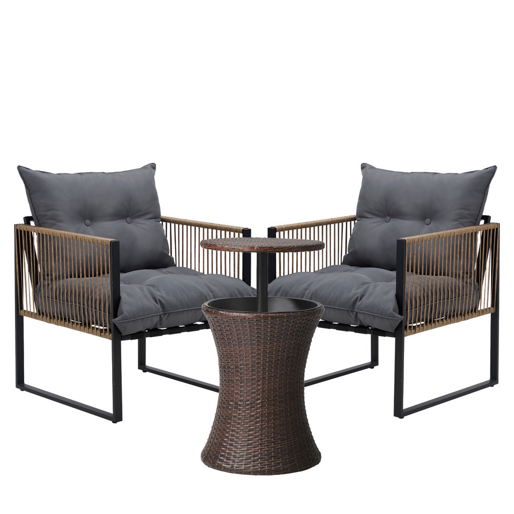 Outdoor Patio Set Ice Bucket Black & Brown Table Rattan Bistro Set 3pcs